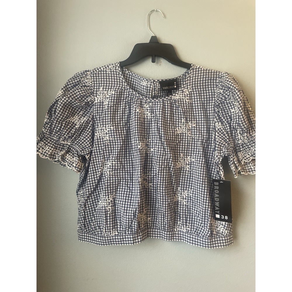 Broadway 38 Gingham Floral Embroidered Eyelet Crop Blouse Ruffle‎ Sleeve XL